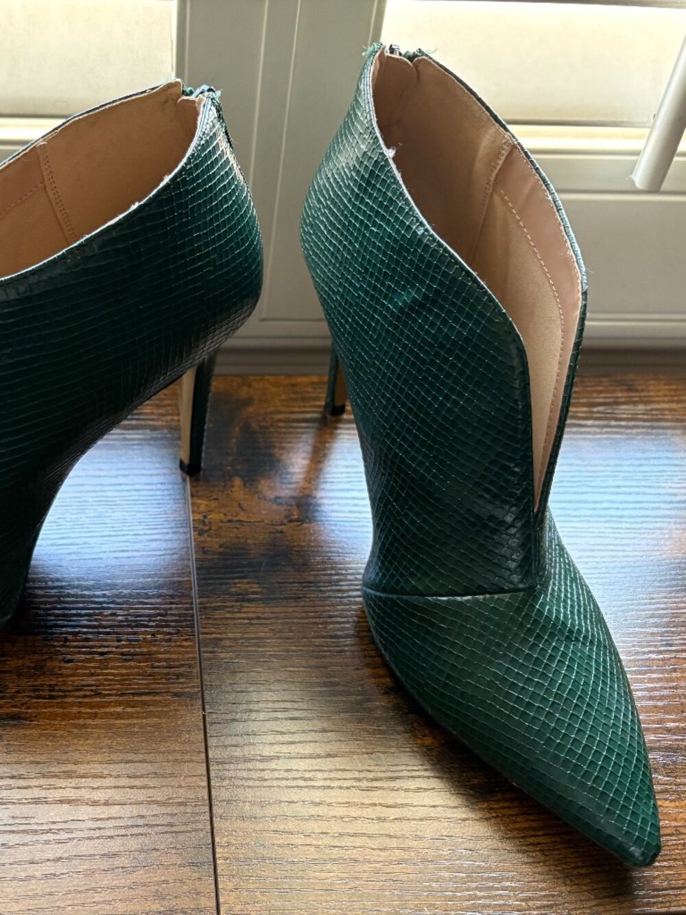 New York and Company Snake Patterned Green Stiletto Booties